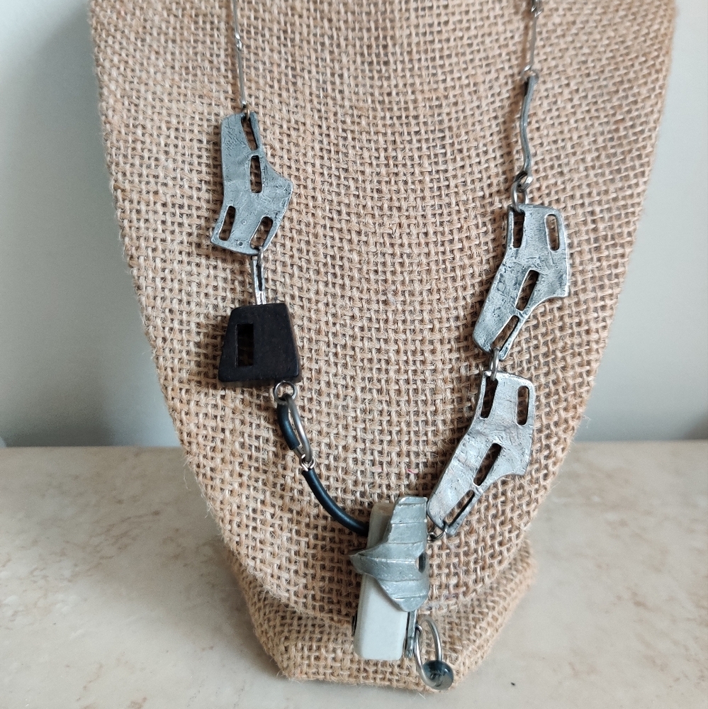 Modernist Anne Marie Chagnon Geometric Pewter Necklace
